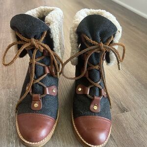 Tory Burch Women's Black and Brown Lace-Up Shearling Boots